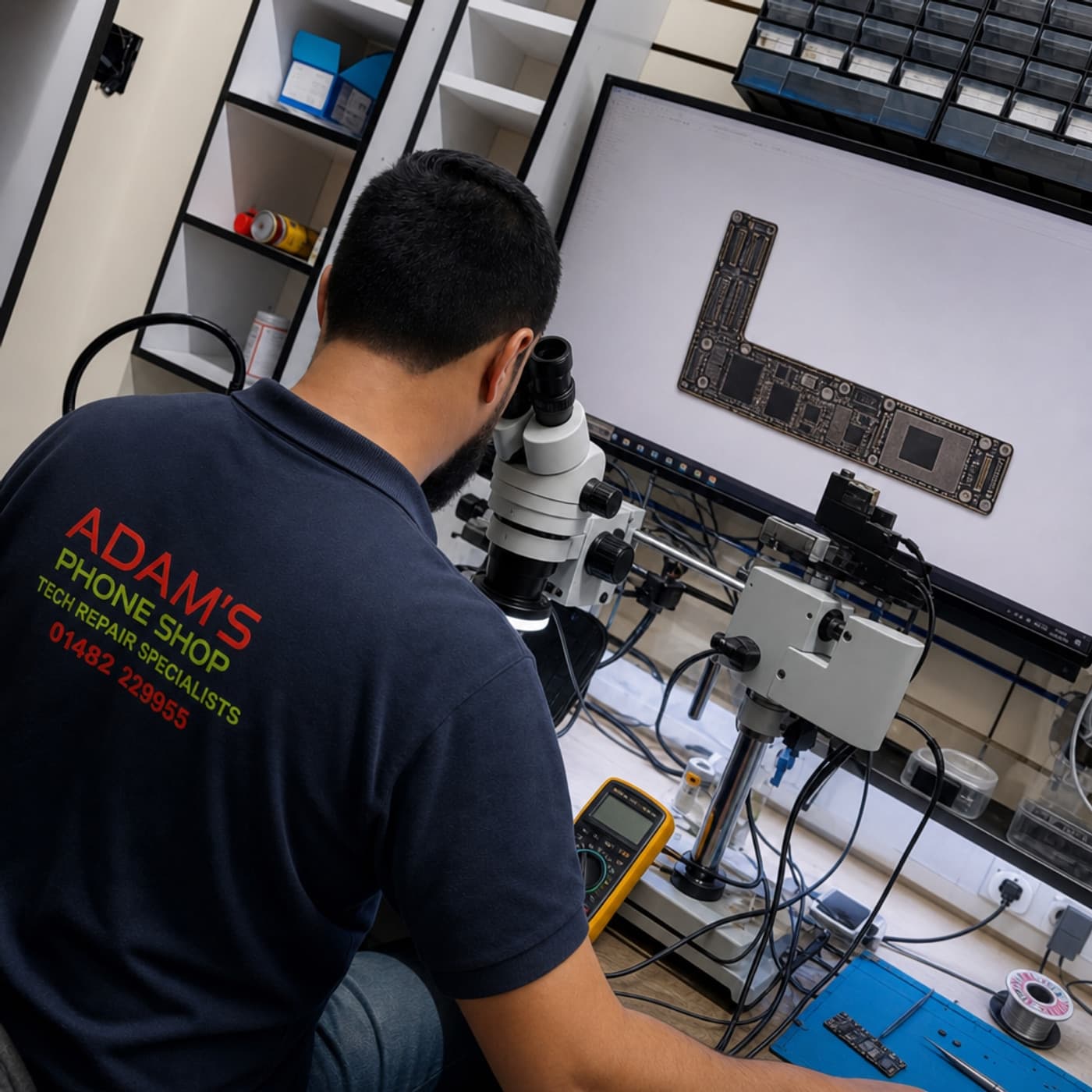 Expert micro-soldering repair in Adam's Phone Shop Hull workshop