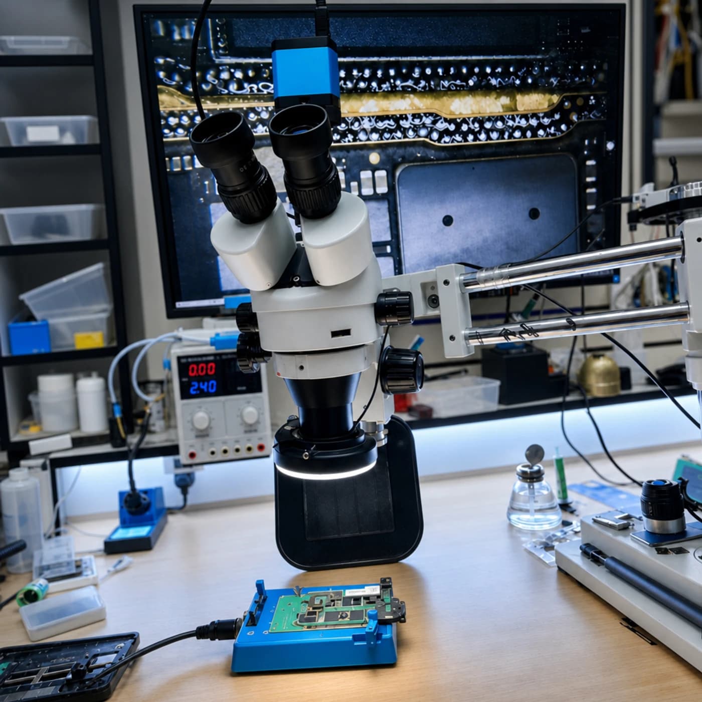 Microscope diagnostics station at Adam's Phone Shop workshop in Hull