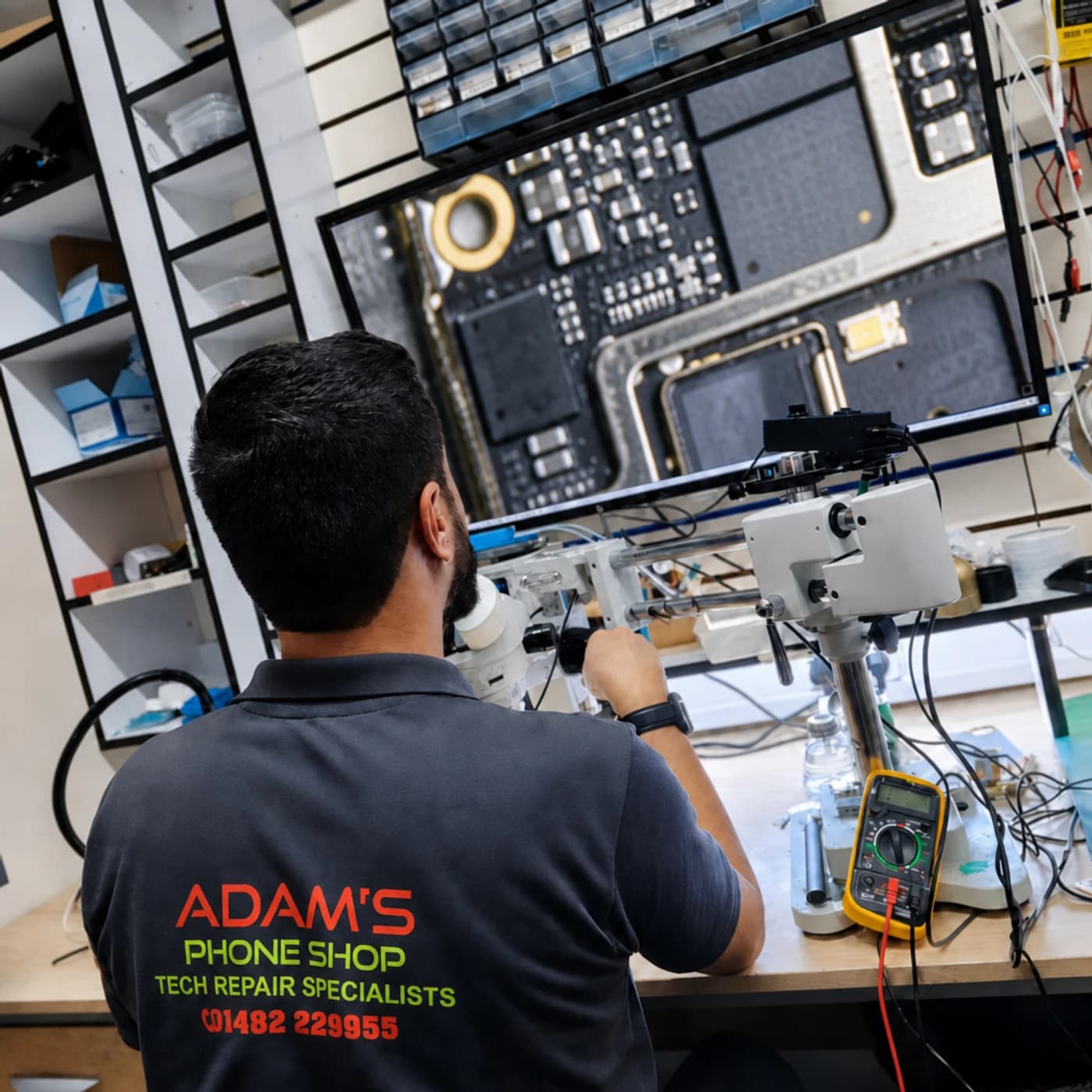 In-house technician at the repair bench, Adam's Phone Shop, Hull