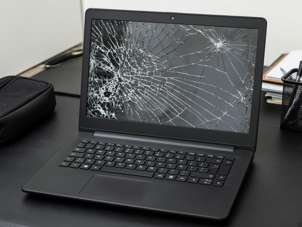 Laptop with a cracked display before repair