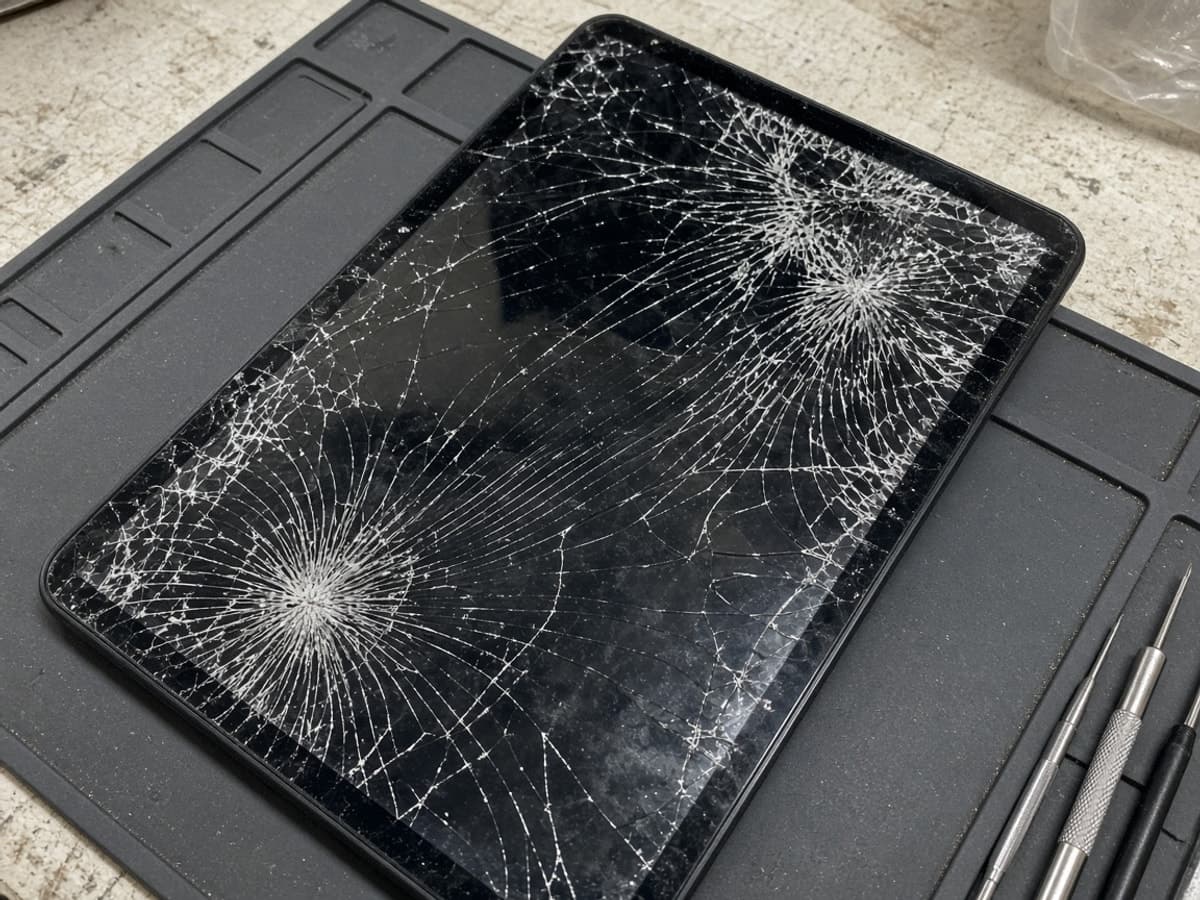 Tablet with a shattered screen before repair
